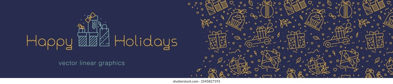 Template Happy Holidays Banner Design mit Geschenkdekoration, präsentiert nahtloses Muster - Weihnachtsstimmung, Neujahrshintergrund - Vektorgrafik - Umhüllung, Band, florale Elemente - Geburtstagskonzept