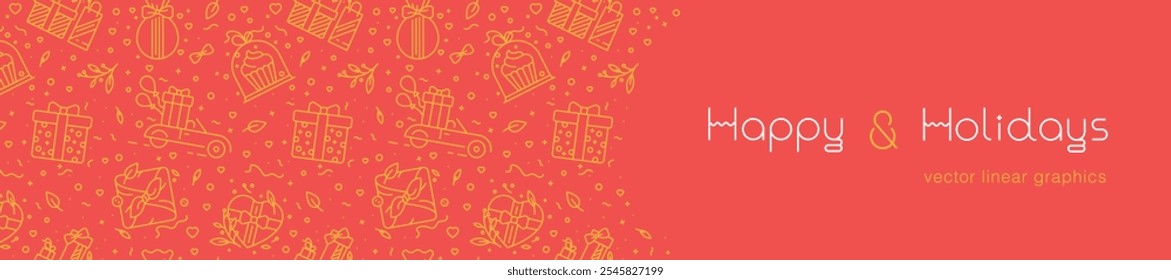 Template Happy Holidays Banner Design mit Geschenkdekoration, präsentiert nahtloses Muster - Weihnachtsstimmung, Neujahrshintergrund - Vektorgrafik - Umhüllung, Band, florale Elemente - Geburtstagskonzept