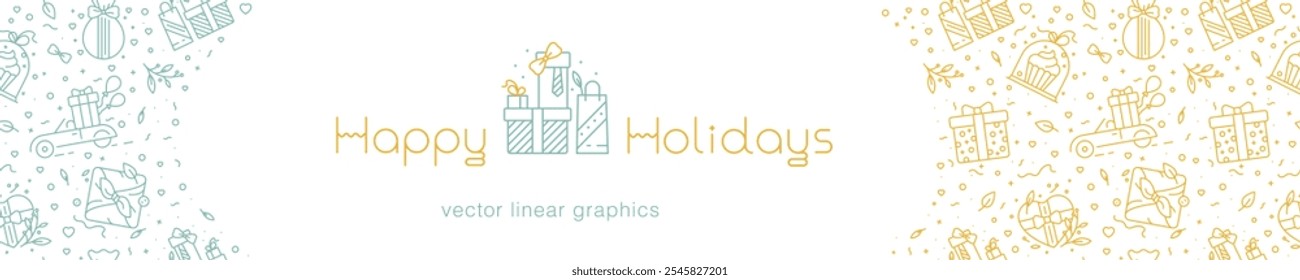 Template Happy Holidays Banner Design mit Geschenkdekoration, präsentiert nahtloses Muster - Weihnachtsstimmung, Neujahrshintergrund - Vektorgrafik - Umhüllung, Band, florale Elemente - Geburtstagskonzept