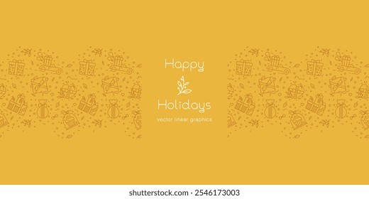 Template Happy Holidays Banner-Design mit Geschenkdekoration, präsentiert nahtloses Muster - Weihnachtselementsymbole, Neujahrshintergrund - Vektorgrafik - Umhüllung, Band, florale Elemente - Geburtstagskonzept