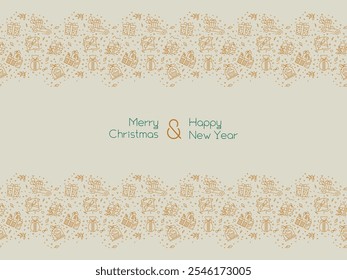 Template Happy Holidays banner design with gift decor, presents seamless pattern - christmas element icons, New Year background - Vector line art - wrapping, ribbon, floral elements - Birthday concept
