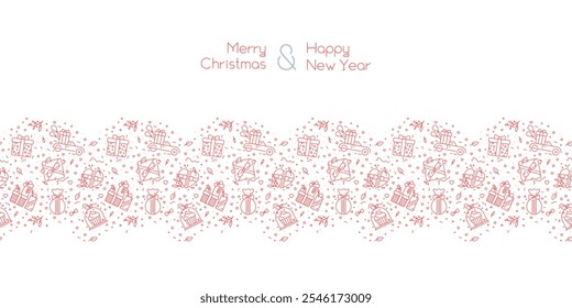 Template Happy Holidays banner design with gift decor, presents seamless pattern - christmas element icons, New Year background - Vector line art - wrapping, ribbon, floral elements - Birthday concept