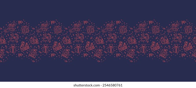 Template Happy Holidays banner design with gift decor, presents seamless pattern - christmas element icons, New Year background - Vector line art - wrapping, ribbon, floral elements - Birthday concept