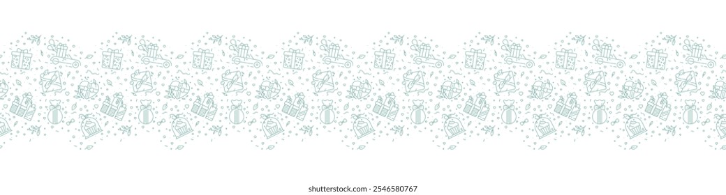 Template Happy Holidays banner design with gift decor, presents seamless pattern - christmas element icons, New Year background - Vector line art - wrapping, ribbon, floral elements - Birthday concept