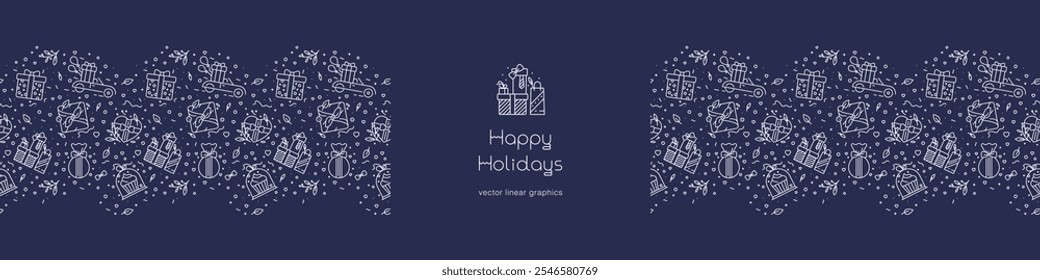 Template Happy Holidays banner design with gift decor, presents seamless pattern - christmas element icons, New Year background - Vector line art - wrapping, ribbon, floral elements - Birthday concept
