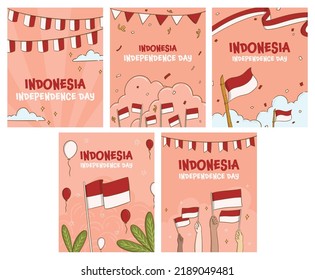 Template Happy Indonesia Independence Day Design for Content Social Media, banner, flyer, poster with Red and White Indonesian Flag, Indonesian Asian Hand, Cloudy pink and Ribbon Indonesia Collection