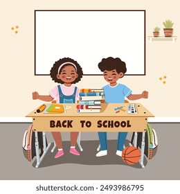 Template with happy international children sitting at desk in classroom with white magnetic board behind. School concept. Vector illustration in flat cartoon style