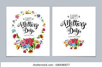 Template Happy Mother's Day greeting cards on light blue background. Elegant realistic Happy Mother's Day cards. Lettering Happy Mothers Day in flower frame