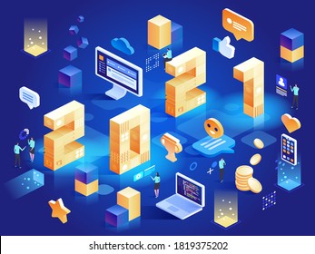 Template for Happy New 2021 Year greetings to company employees. Office work symbols: computer, profit, data, career growth, colleagues, goal achievement. Vector character illustration isometric view