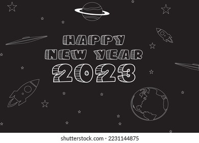 Template Happy New Year 2023 with background of space objects. interesting to use as media content purposes