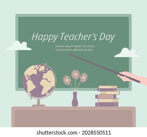 Template for Happy Teachers Day. Hand gesture with a pointer indicating congratulations. Flat vector illustration.