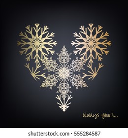 Template of Happy Valentine's Day poster on dark background. Congratulation background for card/postcard/poster with golden lace design on a heart. Love symbol with snowflakes. Vector image. 