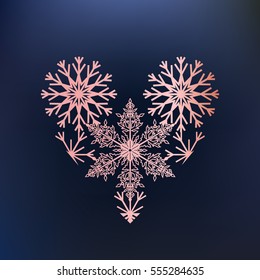Template of Happy Valentine's Day poster on dark background. Congratulation background for card/postcard/poster with pink lace design on a heart. Love symbol with snowflakes. Vector image. 