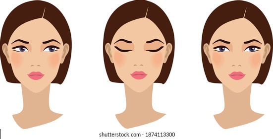 Template head of a girl with open and closed eyes in front view. Vector illustration