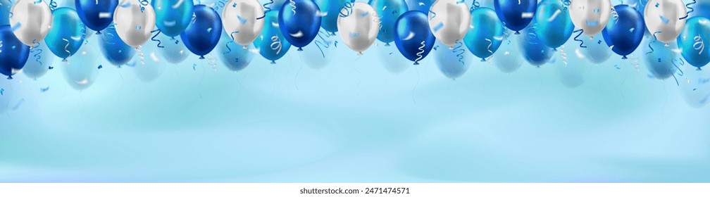 Plantilla de encabezado con globos realistas 3d azules y blancos con marco de cintas de confeti y espacio vacío para texto de saludo o invitación. Cyan Anuncio panorámico para la celebración, venta, apertura, vacaciones