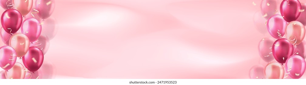 Plantilla de encabezado con globos 3d rosa realista con marco de cintas de confeti y espacio vacío para texto de saludo o invitación. Lindo Anuncio panorámico para celebración, venta, apertura, vacaciones, boda