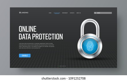 Template header for online protection of information with chrome lock and fingerprint. Black web banner design with blue buttons for crypto currency