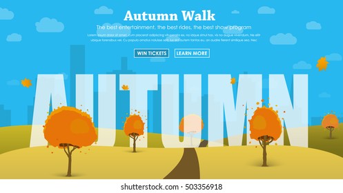 Template header of the site with the autumn scenery and the text between the trees and hills. Design with headings and buttons. Vector illustration