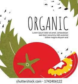Afiche de plantilla saludable.  Fondo con tomate y hoja. Comprar, vender, concepto de mercado. Alimentos saludables. Ilustración del vector 