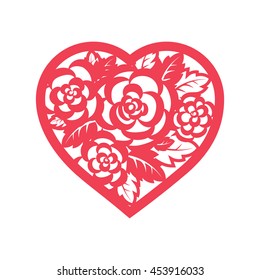 Template heart with flowers for laser cutting. Roses and wedding leaves, save the date, Valentine's Day. Stencil for paper, plastic, wood.