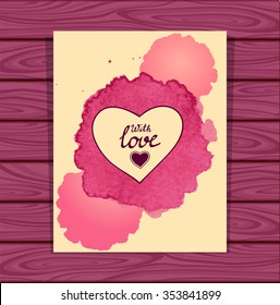 Template heart frame in beige lilac  watercolors stain on lilac wood background for flyer or creative Post Card for Valentines Day