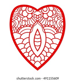 Template heart with pattern for laser cutting on white background. Romantic stencil for wood, paper