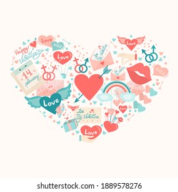 Template in heart shape with different symbols of love. Can be used for St Valentine's Day, Romantic design and colorful decoration. Vector illustration isolated on white