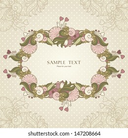 Template with hearts and abstract decorative frame with natural elements
