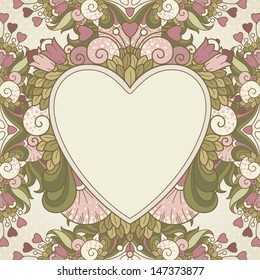 Template with hearts and abstract decorative frame with natural elements 
