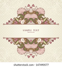 Template with hearts and abstract decorative frame with natural elements 