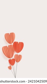 Template. Hearts balloons in cut paper style in the colors of the year "peach fuzz" on a white background. Banner for postcard, advertisement, brochure, poster, etc.