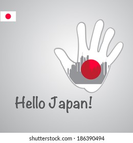 Template - hello Japan. Background-hand with the flag of Japan and Tokyo  major attractions - skylines. Vector