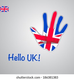 Template - hello UK. Background-hand with the flag of UK and London's major attractions - Big Ben.