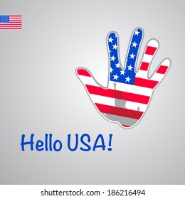 Template - hello USA. Background-hand with the flag of USA and New York's major attraction -Statue of Liberty. Vector
