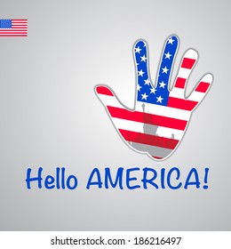 Template - hello USA. Background-hand with the flag of USA and New York's major attraction -Statue of Liberty. Vector 