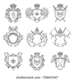 Template Of Heraldic Emblems. Different Empty Frames For Logo Or Badges Design. Vector Heraldic Badge Vintage With Sword And Eagle Illustration