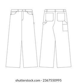 template high waist length wide carpenter pants vector illustration flat design outline clothing collection