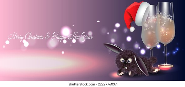 Template for holiday banner with champagne glasses and a cute bunny