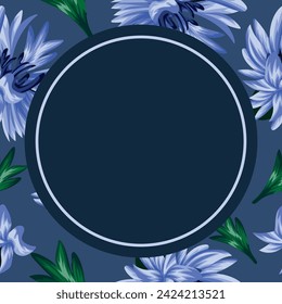 template for a holiday card with a circle in the middle on a seamless floral pattern of open buds of blue spikelets and green leaves on a pastel background, for textile, holiday cards or packaging