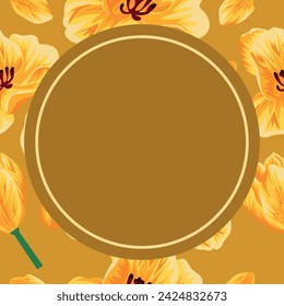 Vorlage für eine Ferienkarte mit einem Kreis in der Mitte auf einem nahtlosen Blumenmuster mit offenen gelben Tulpenknospen und Blütenblättern auf einem pastellfarbenen Hintergrund für Textil, Urlaubskarten oder Verpackung
