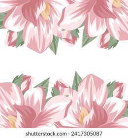 a template for a holiday card or invitation in a floral style, namely from open buds of spring, pink magnolias on two sides of the illustration and an empty space in the middle for the congratulatory