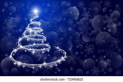 Template holiday card in vector - Christmas tree on a blue background