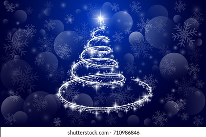 Template holiday card in vector - Christmas tree on a blue background
