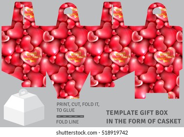 Template holiday cardboard gift box in the form of casket with background of hearts