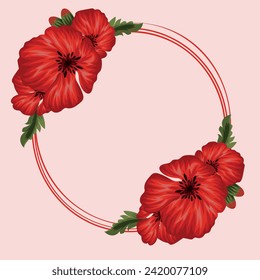 template for holiday cards consisting of red outlines of circles and open buds of red poppies, green leaves and closed buds, template for postcards, invitations and banners