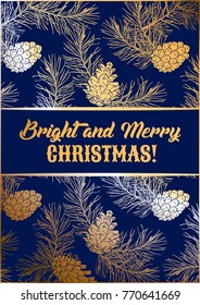 Template of holiday greeting card with golden pine lace.