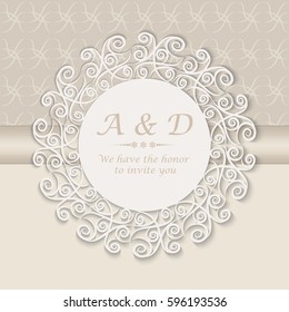 Template holiday greeting card with a round lace frame. It is fashionable to use return for registration of the invitation to the wedding, birthday. Vector illustration.
