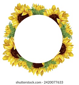 template for holiday typography or web banners with open buds of yellow sunflowers and half-closed buds with a white circle in the middle for text