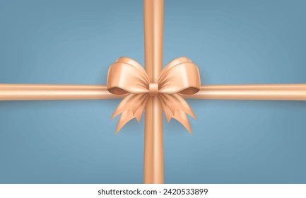 Template of holiday wallpaper with realistic 3d beige bow knot with crossed ribbons in the center on soft blue background. Banner with tied bow with silk tapes as gift box or present wrapping element