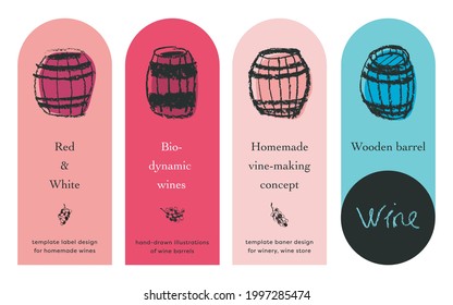 Plantilla de conjunto de etiquetas de vinos caseros. Iconos para la generación de ventanas de vectores. Insignias de casa-vino. Volantes y pancartas de Viticultura. Ilustraciones monocromáticas a mano de barriles de madera, octave, barriles de coñac.